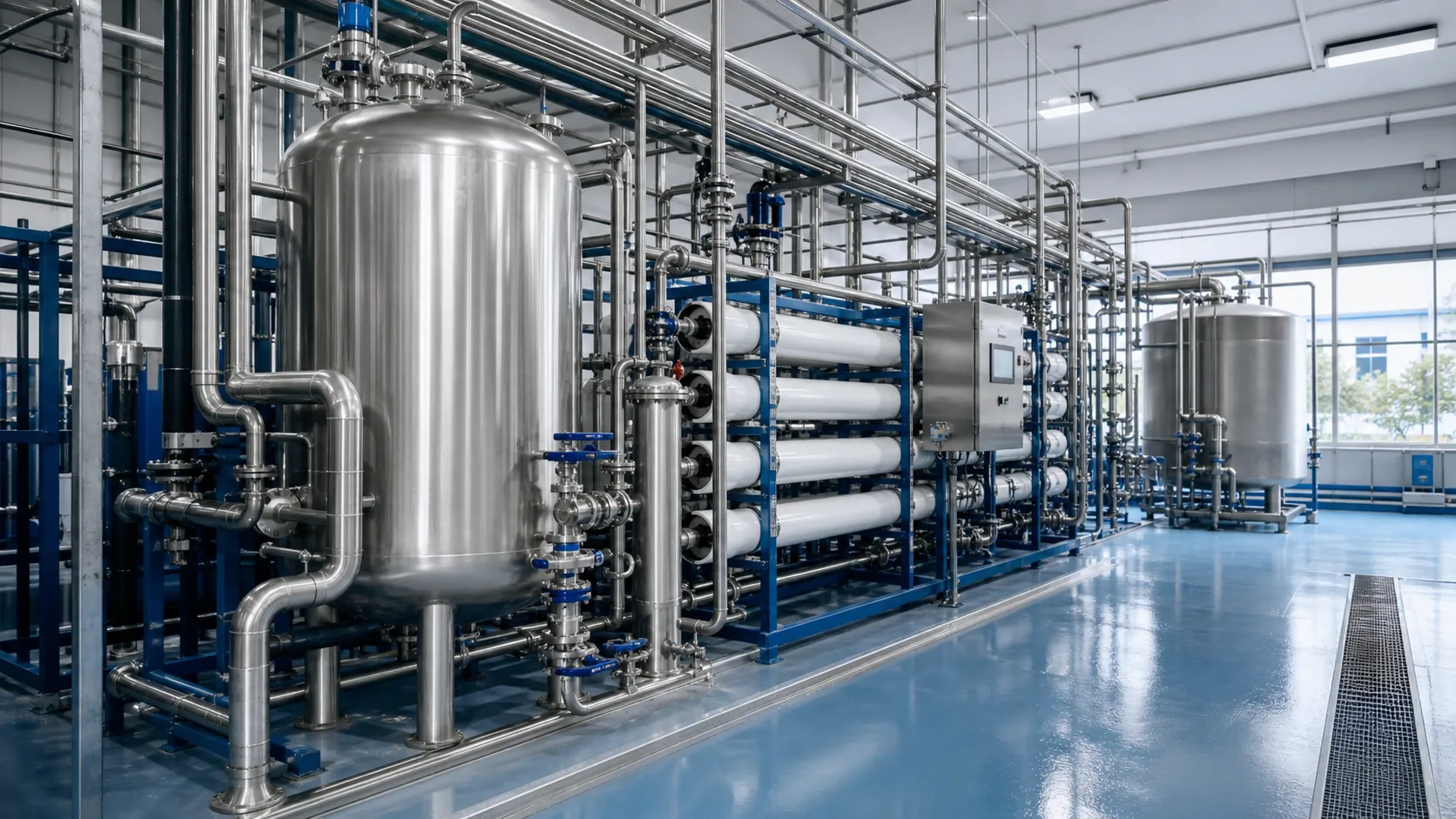 Pharmaceutical wastewater treatment facility with stainless steel tanks and polishing filters