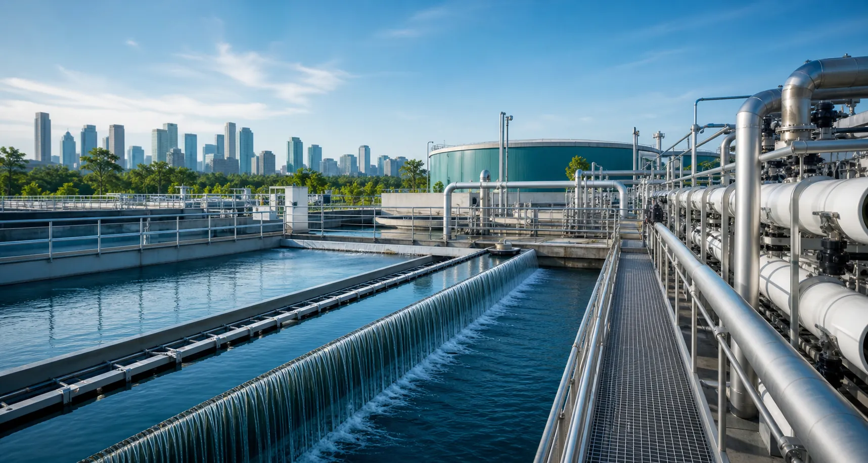 Modern wastewater treatment plant with process equipment and clear water channels